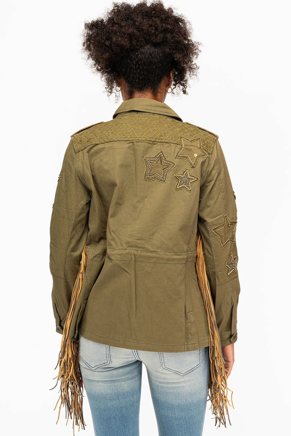 WOMENS FRINGE JACKET WITH PATCHES IN MILITARY GREEN - Image 3