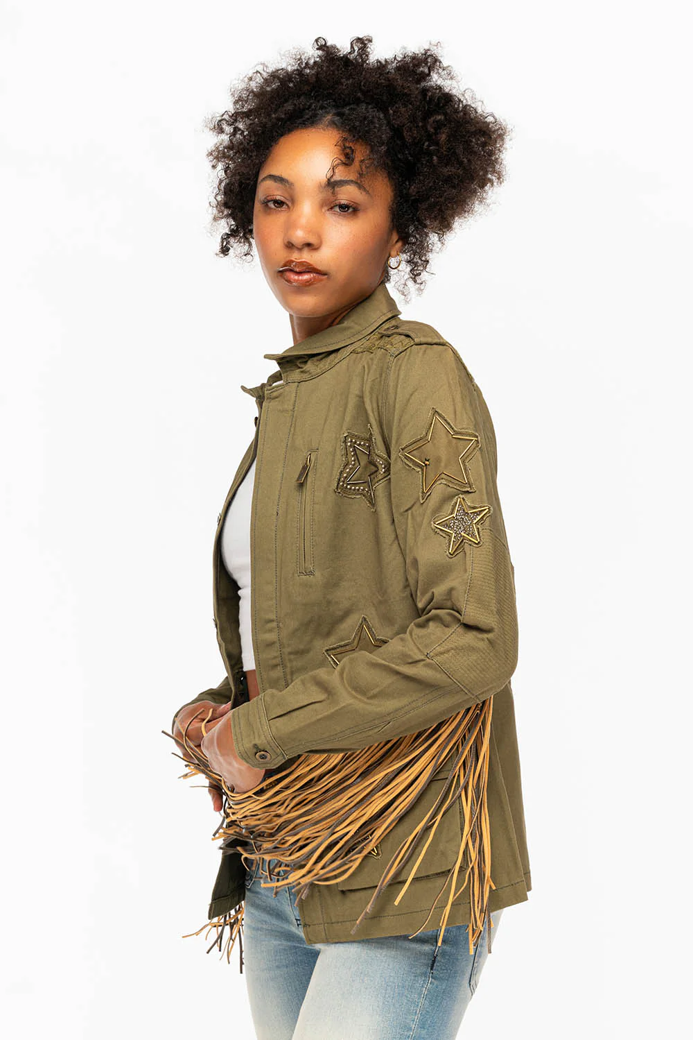 WOMENS FRINGE JACKET WITH PATCHES IN MILITARY GREEN - Image 4