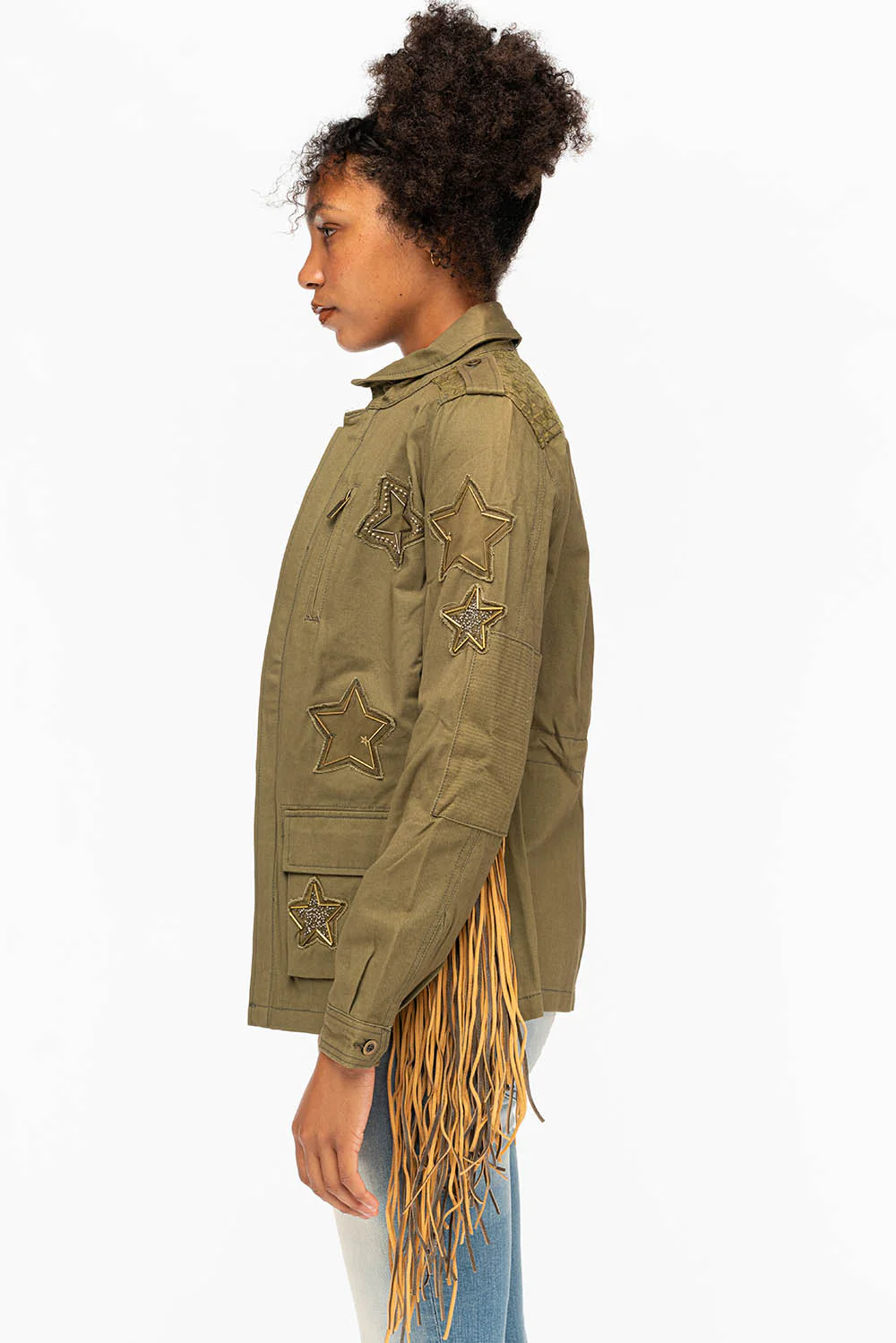 WOMENS FRINGE JACKET WITH PATCHES IN MILITARY GREEN - Image 5