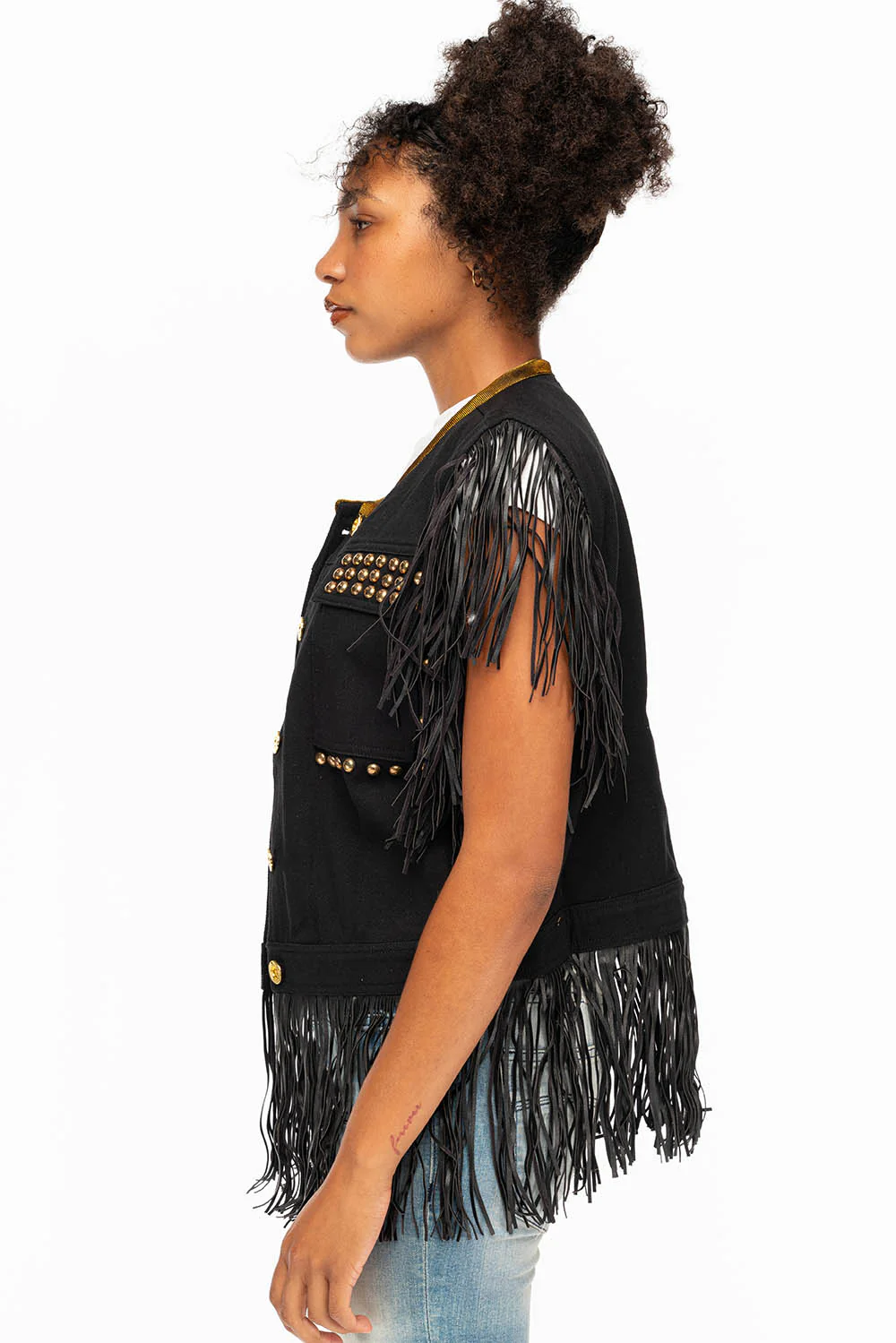 WOMENS STUDDED FRINGE VEST IN BLACK - Image 4