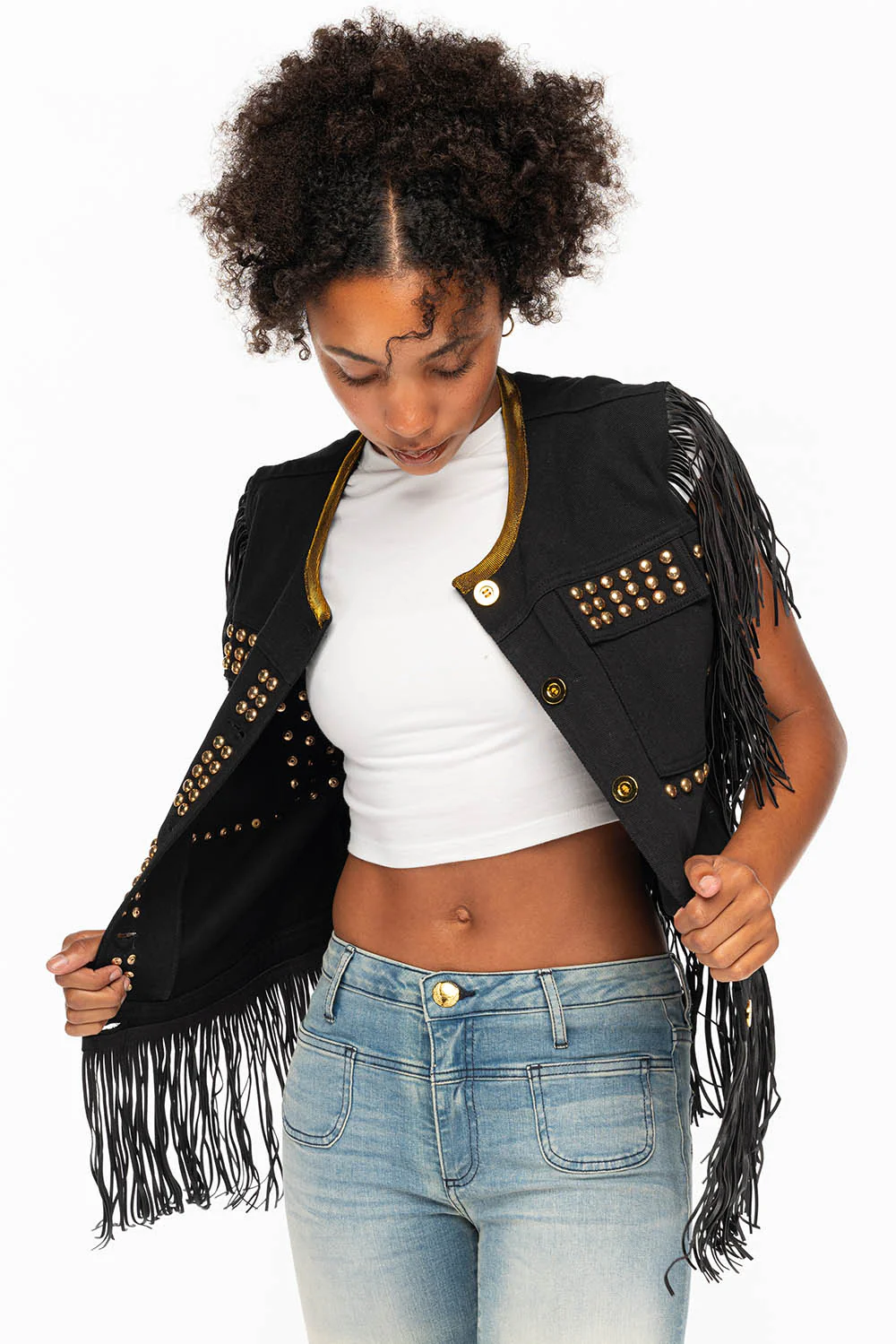 WOMENS STUDDED FRINGE VEST IN BLACK - Image 6