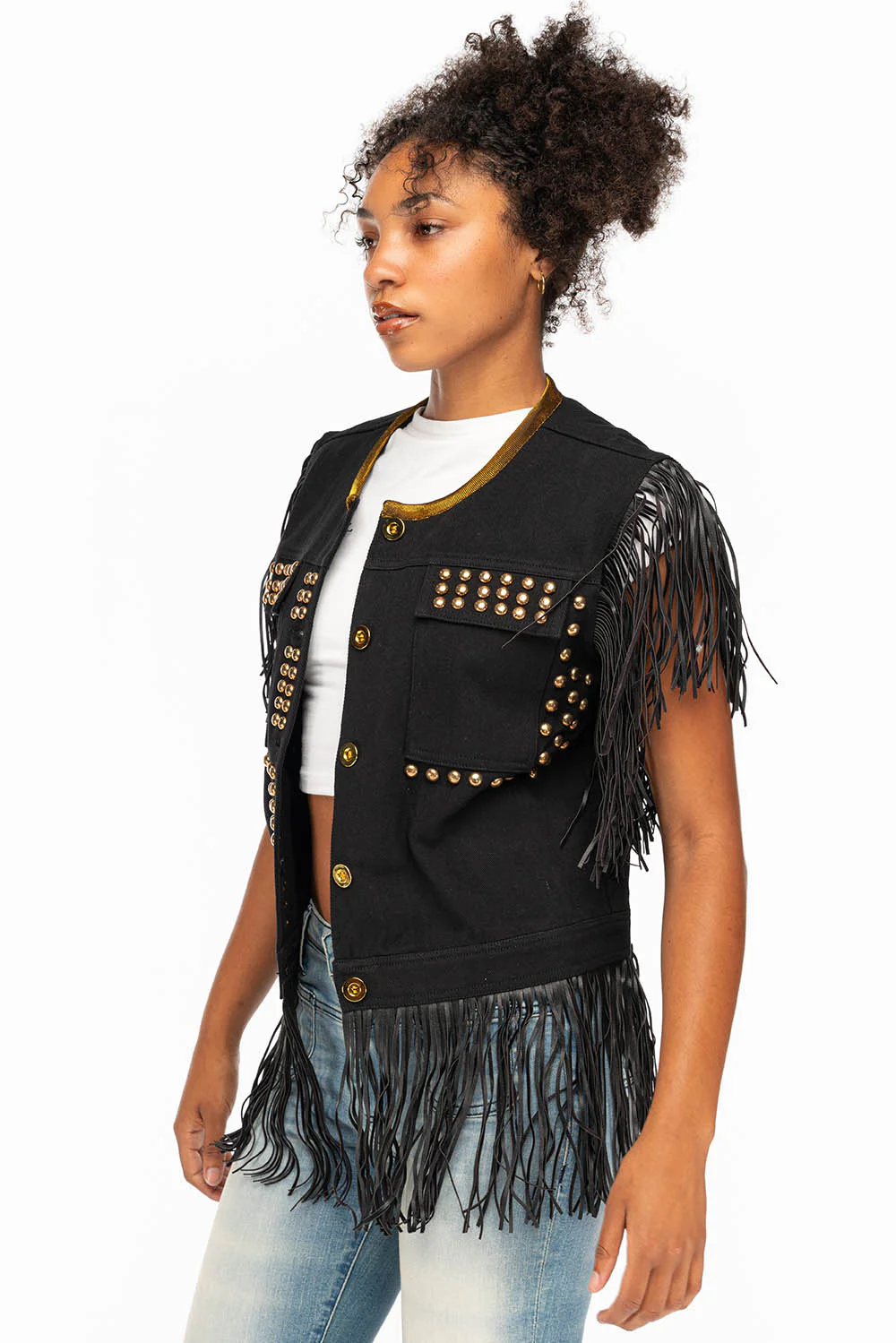 WOMENS STUDDED FRINGE VEST IN BLACK - Image 7