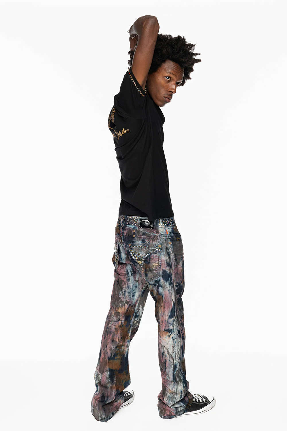 ARCHIVE LIMITED EDITION MENS LONG FLAP BOOT CUT JEANS IN BABA RED WASH WITH CRYSTALS - Image 3