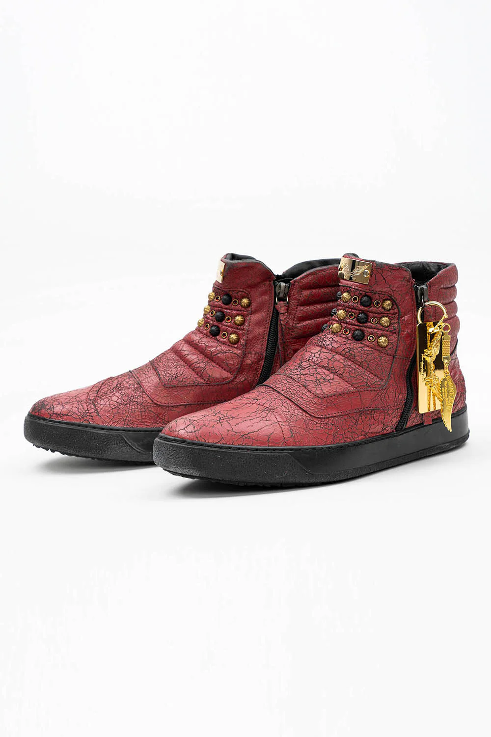 MENS BIKER SHOES IN CRACKLED RED WITH CRYSTALS - Image 2
