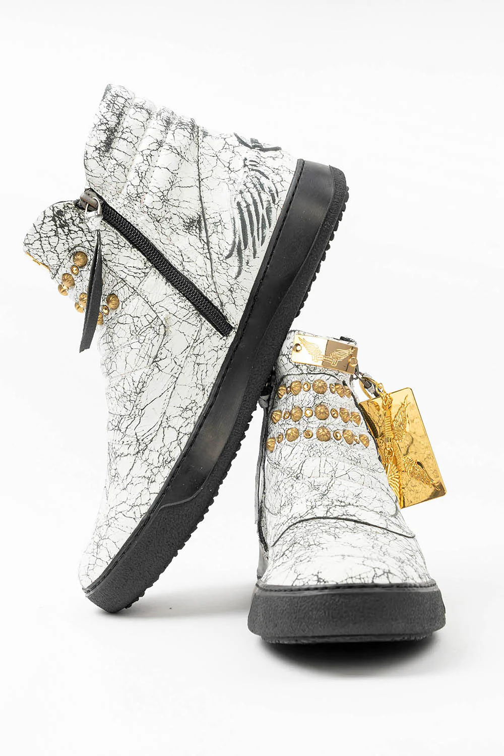 MENS MID TOP BIKER SHOES IN CRACKLED WHITE LEATHER WITH CRYSTALS AND STUDS