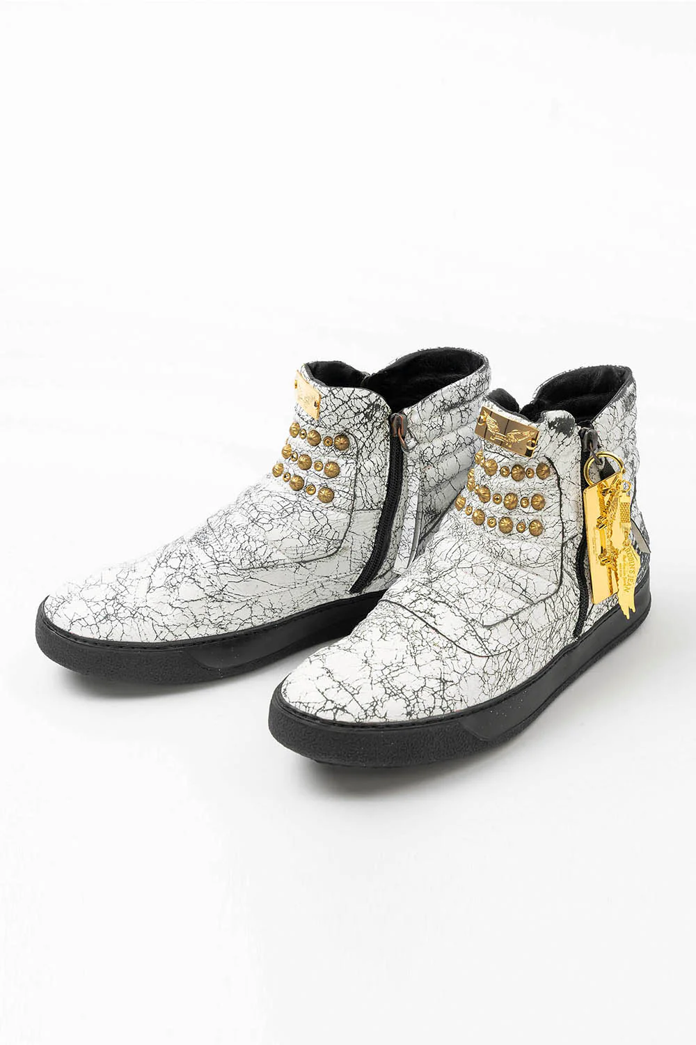 MENS MID TOP BIKER SHOES IN CRACKLED WHITE LEATHER WITH CRYSTALS AND STUDS - Image 2