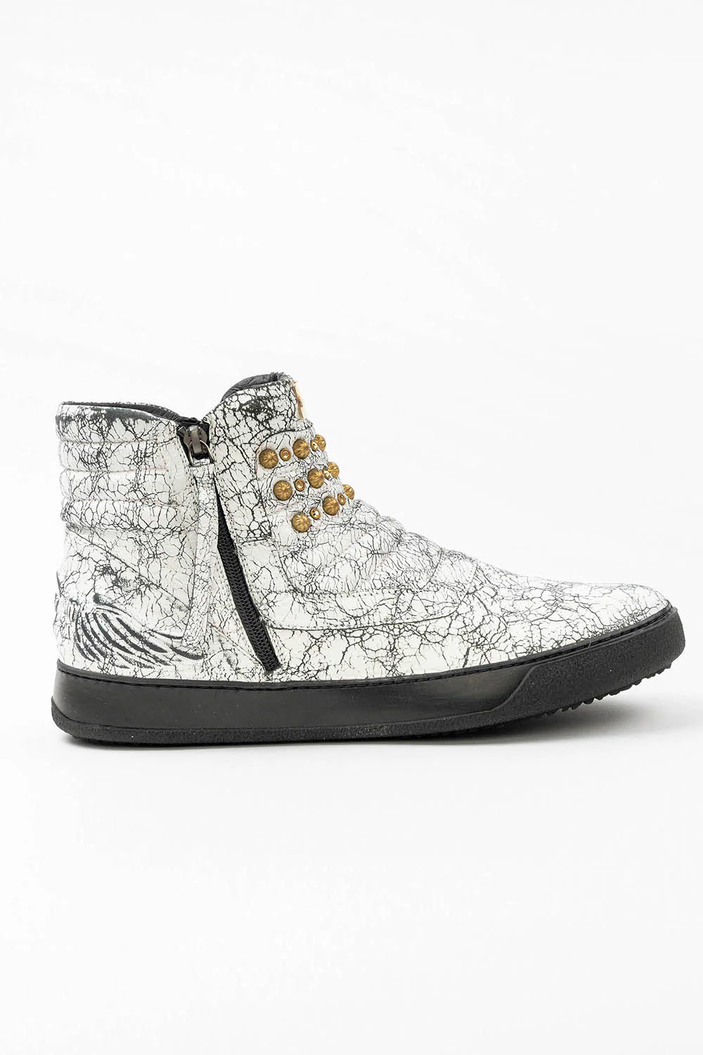 MENS MID TOP BIKER SHOES IN CRACKLED WHITE LEATHER WITH CRYSTALS AND STUDS - Image 3