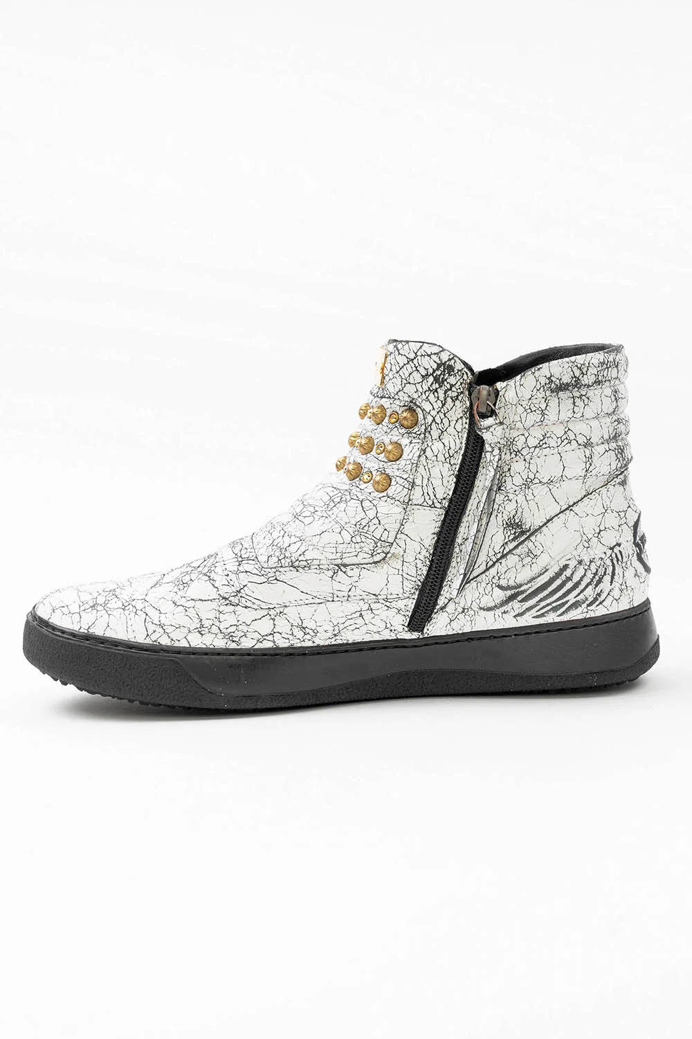 MENS MID TOP BIKER SHOES IN CRACKLED WHITE LEATHER WITH CRYSTALS AND STUDS - Image 4