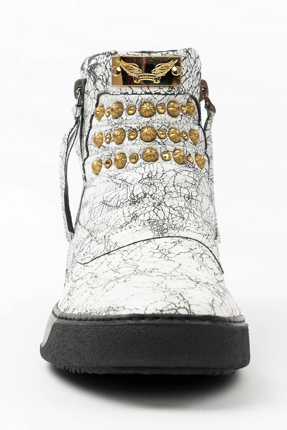 MENS MID TOP BIKER SHOES IN CRACKLED WHITE LEATHER WITH CRYSTALS AND STUDS - Image 6