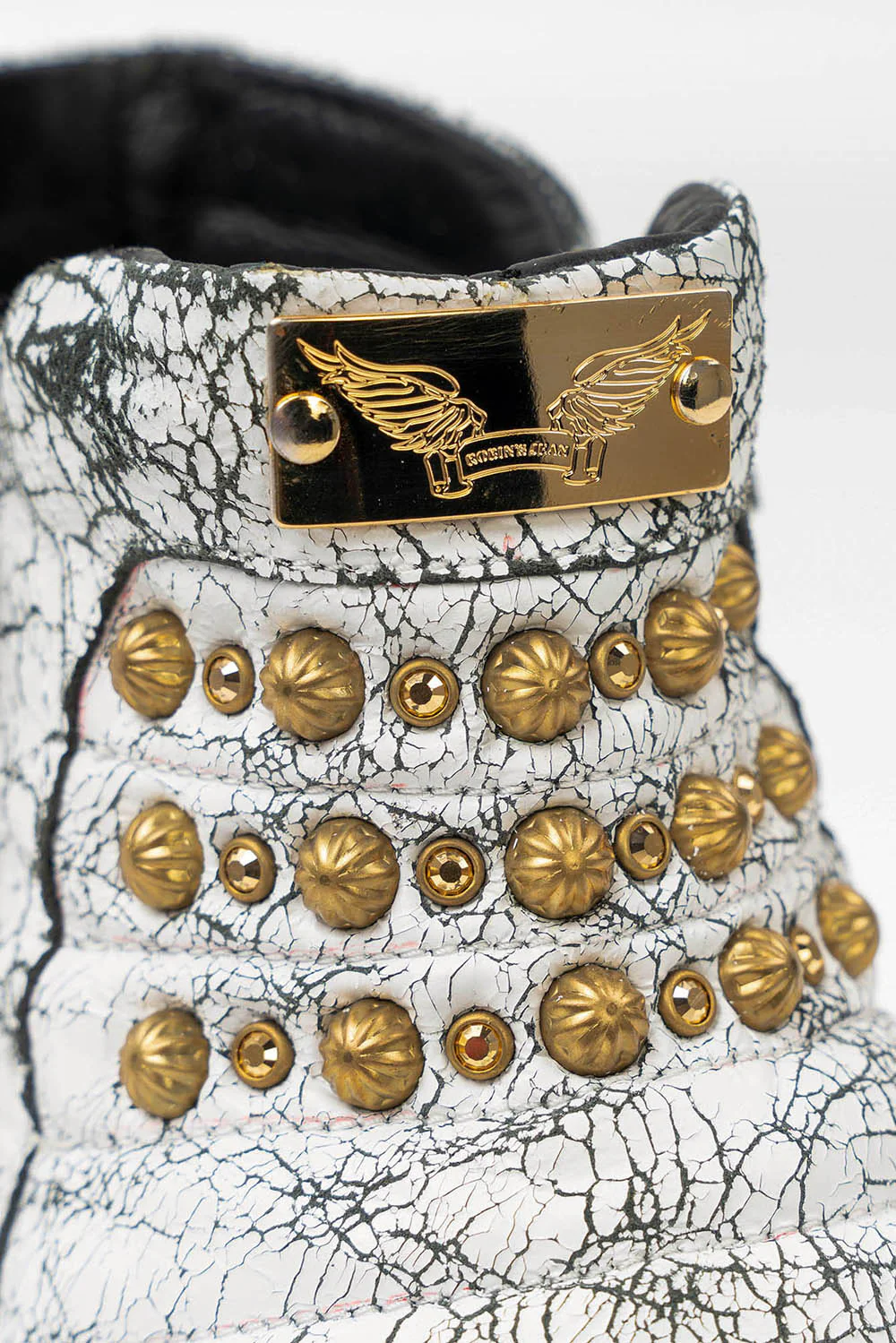 MENS MID TOP BIKER SHOES IN CRACKLED WHITE LEATHER WITH CRYSTALS AND STUDS - Image 7