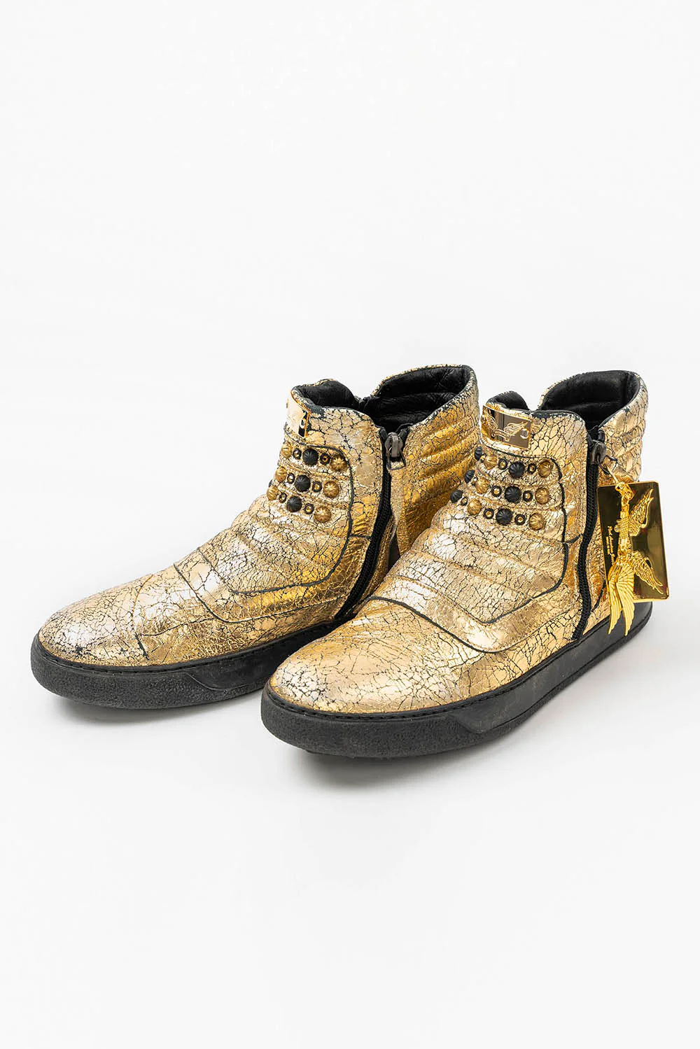 MENS MID TOP BIKER SHOES IN CRACKLED GOLD LEATHER WITH CRYSTALS AND STUDS - Image 2