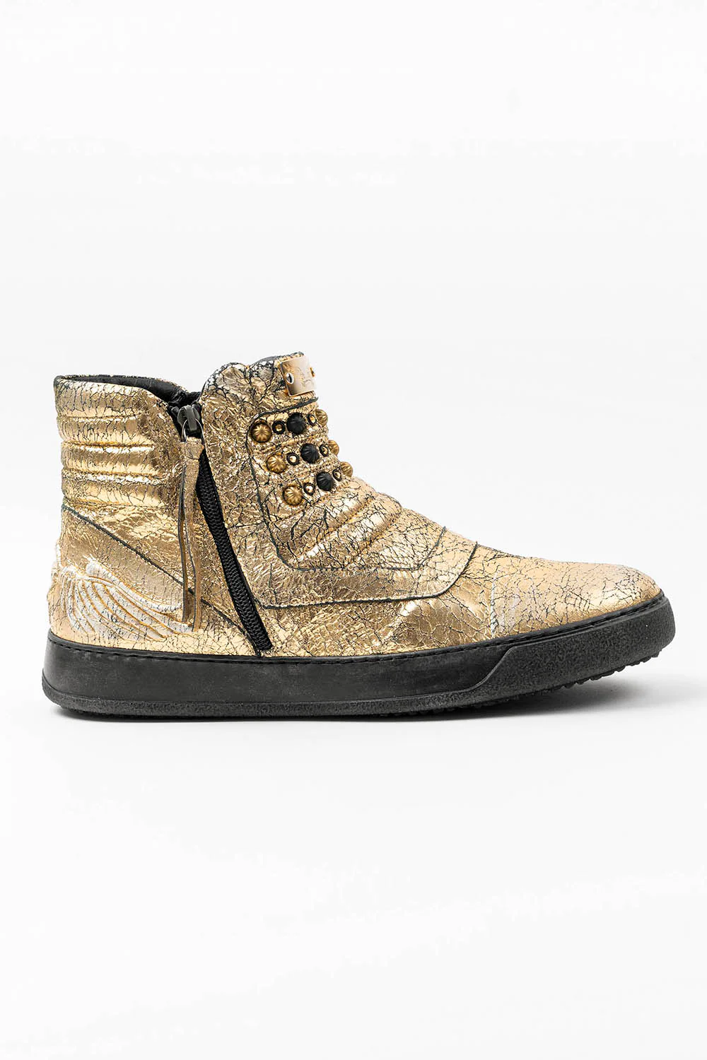 MENS MID TOP BIKER SHOES IN CRACKLED GOLD LEATHER WITH CRYSTALS AND STUDS - Image 4