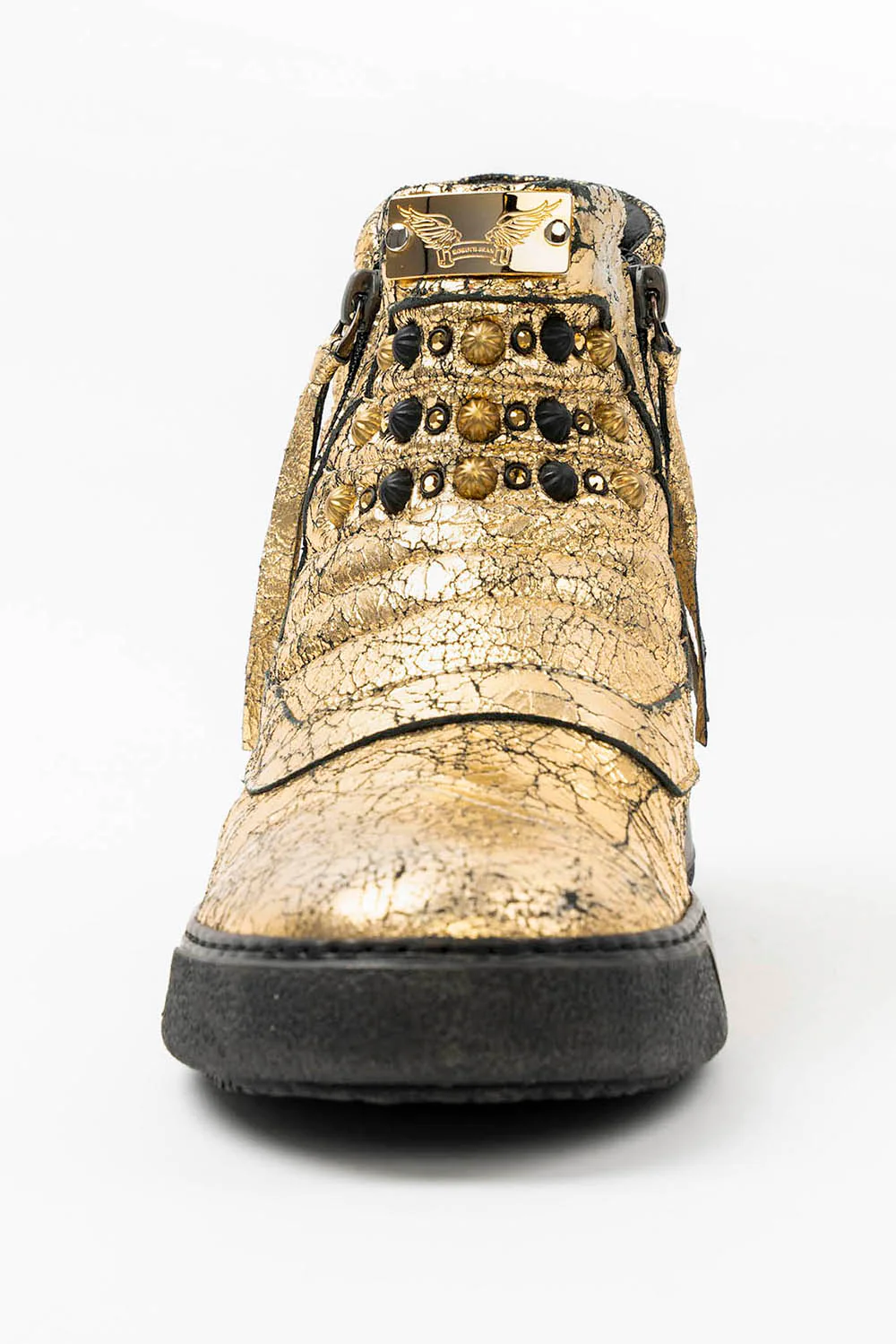 MENS MID TOP BIKER SHOES IN CRACKLED GOLD LEATHER WITH CRYSTALS AND STUDS - Image 7