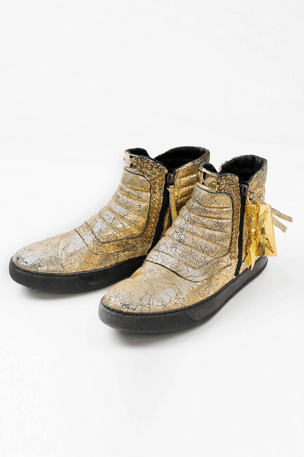 MENS MID TOP BIKER SHOES IN CRACKLED GOLD LEATHER WITH CRYSTALS - Image 2