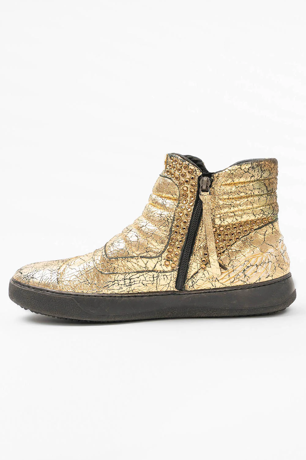 MENS MID TOP BIKER SHOES IN CRACKLED GOLD LEATHER WITH CRYSTALS - Image 5