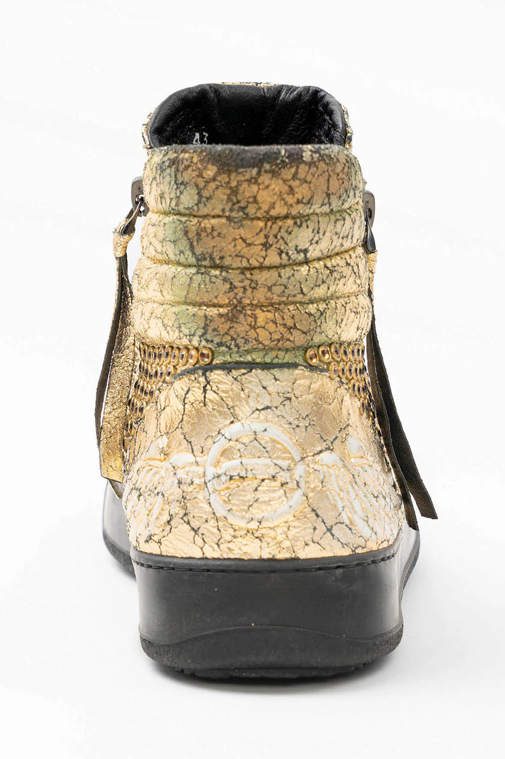 MENS MID TOP BIKER SHOES IN CRACKLED GOLD LEATHER WITH CRYSTALS - Image 6