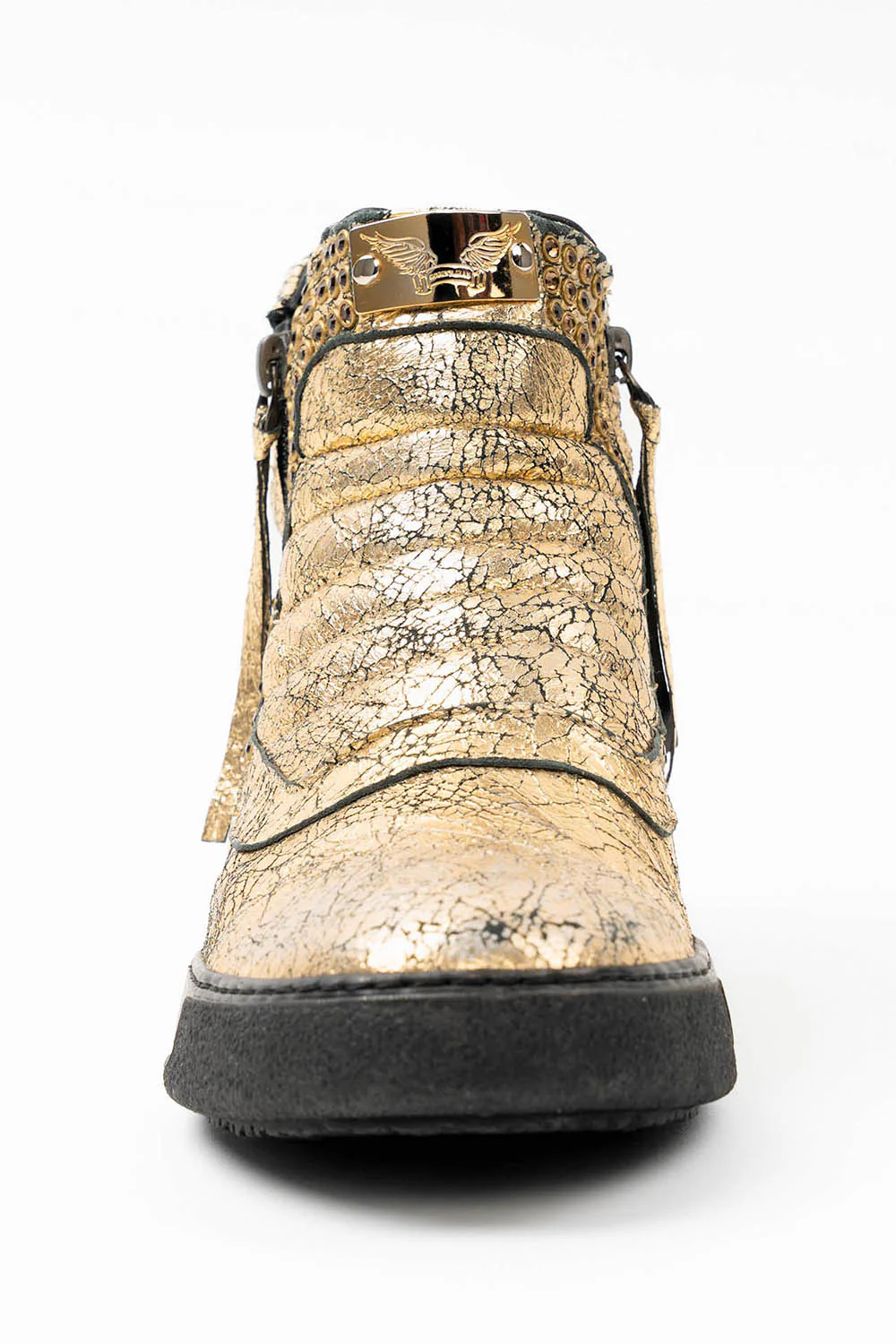 MENS MID TOP BIKER SHOES IN CRACKLED GOLD LEATHER WITH CRYSTALS - Image 7