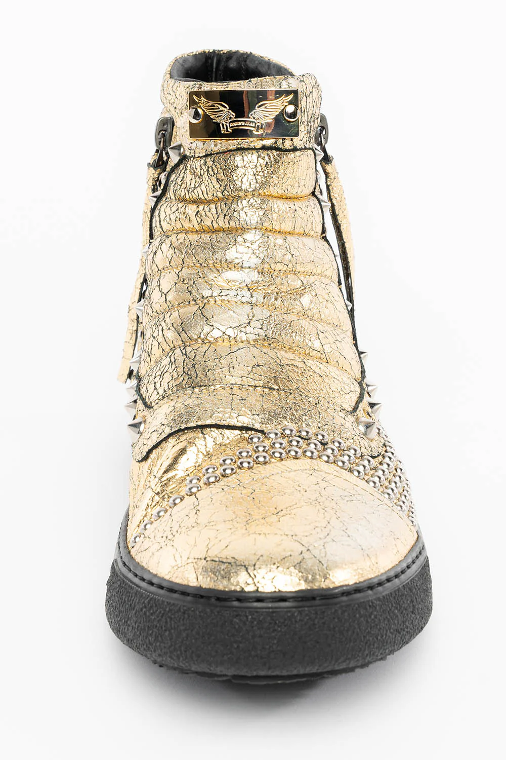 MENS MID TOP BIKER SHOES IN CRACKLED GOLD LEATHER WITH CRYSTALS AND STUDS  EMBELLISHMENT - Image 3