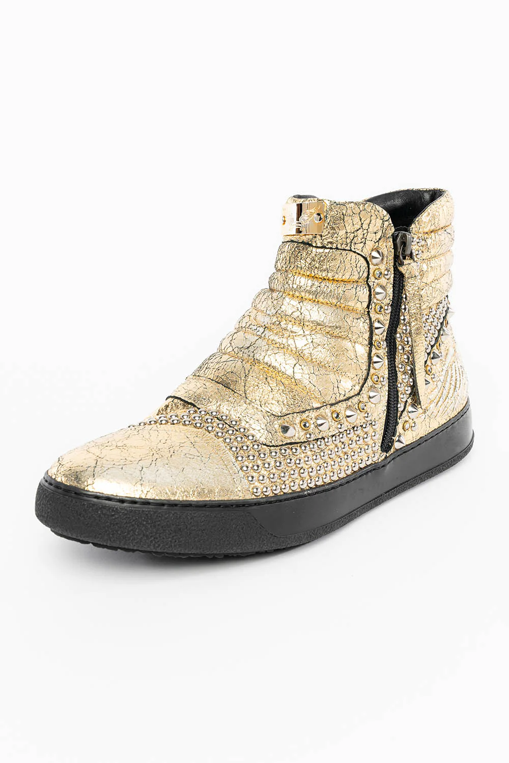 MENS MID TOP BIKER SHOES IN CRACKLED GOLD LEATHER WITH CRYSTALS AND STUDS  EMBELLISHMENT - Image 4