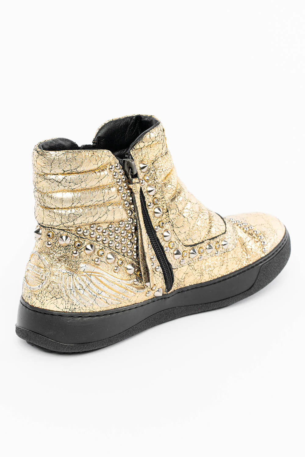 MENS MID TOP BIKER SHOES IN CRACKLED GOLD LEATHER WITH CRYSTALS AND STUDS  EMBELLISHMENT - Image 5