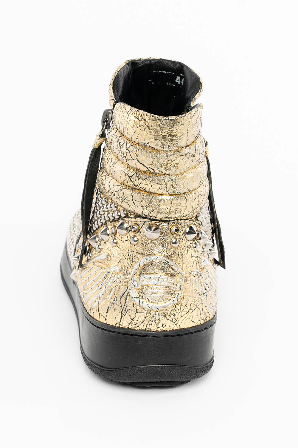 MENS MID TOP BIKER SHOES IN CRACKLED GOLD LEATHER WITH CRYSTALS AND STUDS  EMBELLISHMENT - Image 6