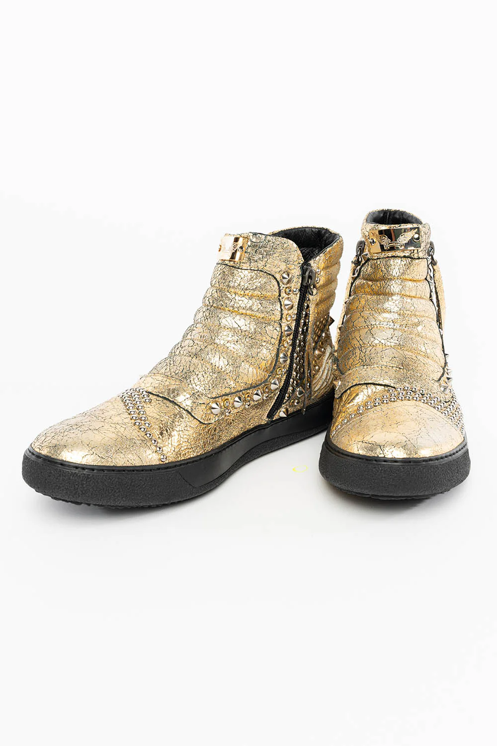 MENS MID TOP BIKER SHOES IN CRACKLED GOLD LEATHER WITH CRYSTALS AND STUDS  EMBELLISHMENT - Image 7