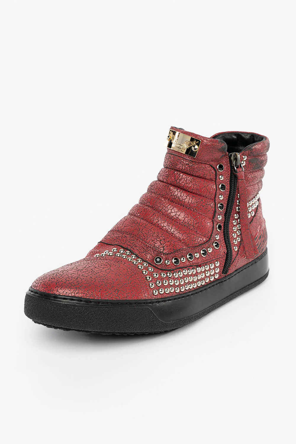 MENS MID TOP BIKER SHOES IN CRACKLED RED LEATHER WITH CRYSTALS AND STUDS EMBELLISHMENT - Image 3