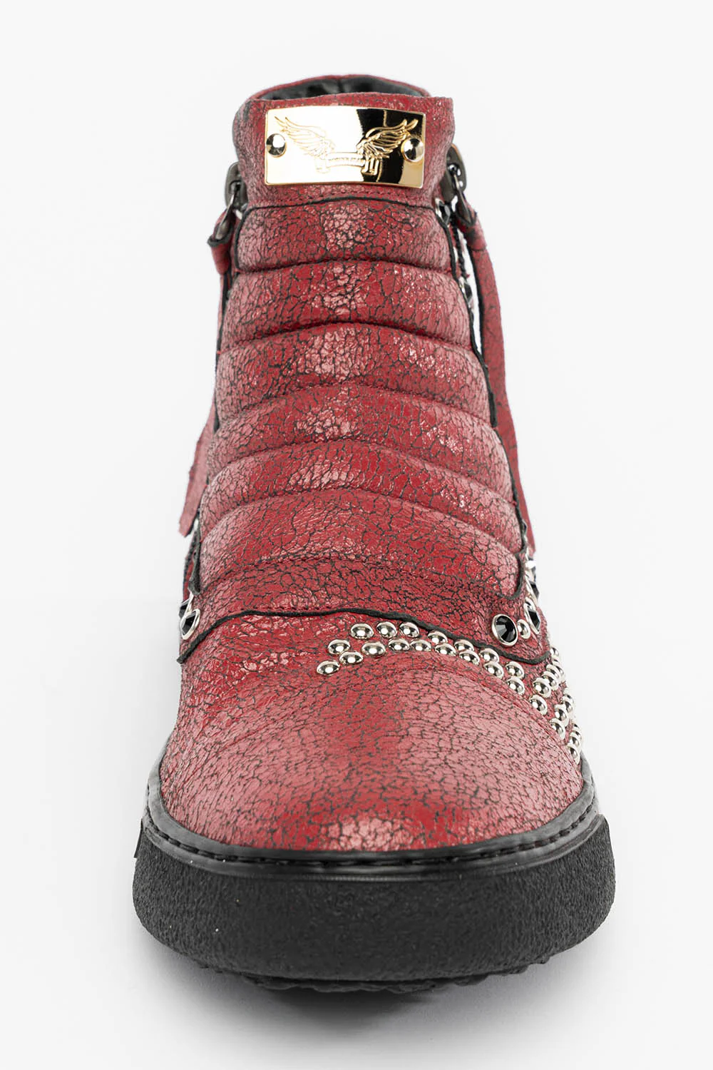 MENS MID TOP BIKER SHOES IN CRACKLED RED LEATHER WITH CRYSTALS AND STUDS EMBELLISHMENT - Image 4