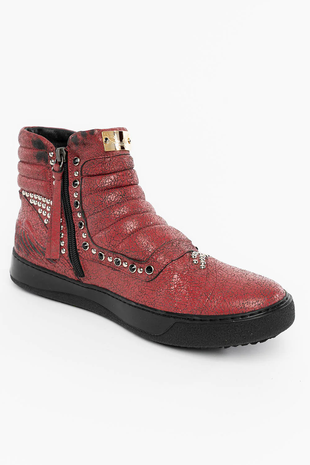 MENS MID TOP BIKER SHOES IN CRACKLED RED LEATHER WITH CRYSTALS AND STUDS EMBELLISHMENT - Image 5