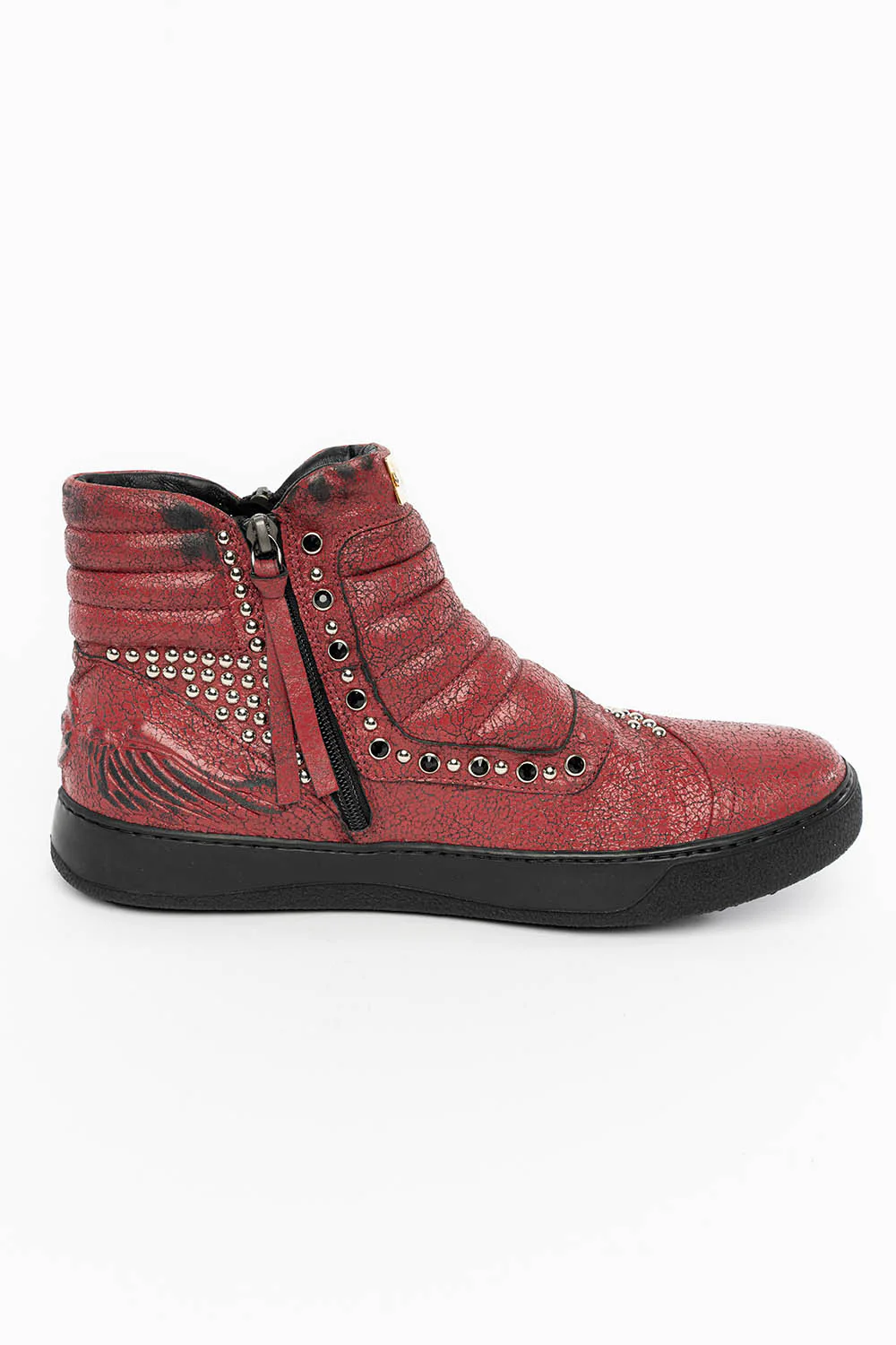 MENS MID TOP BIKER SHOES IN CRACKLED RED LEATHER WITH CRYSTALS AND STUDS EMBELLISHMENT - Image 6