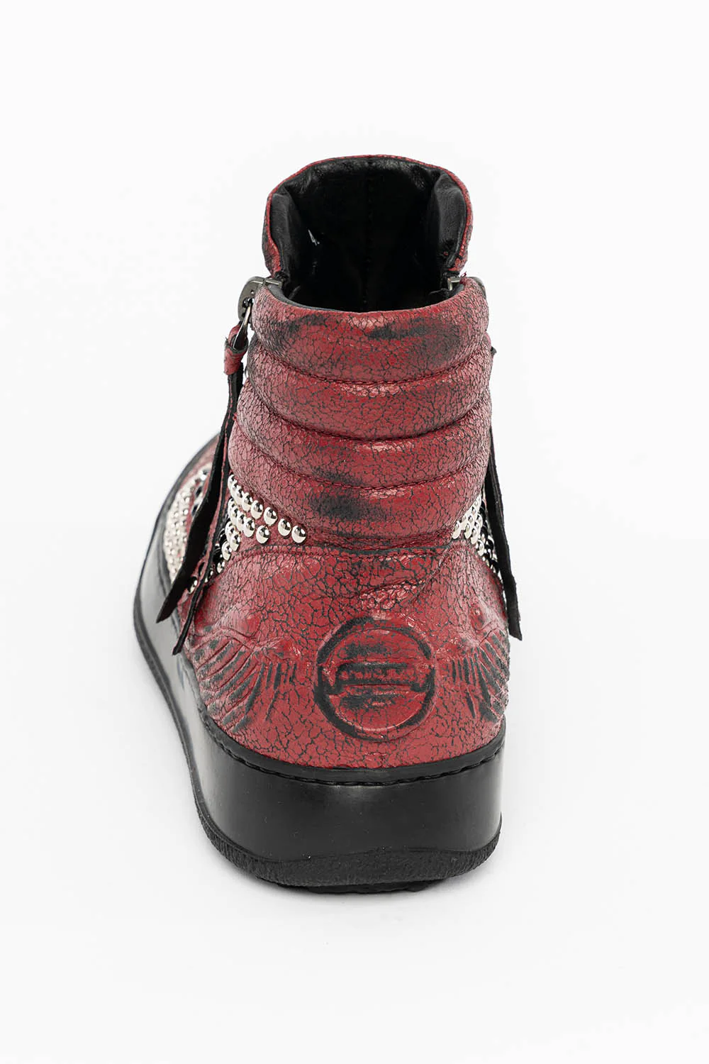 MENS MID TOP BIKER SHOES IN CRACKLED RED LEATHER WITH CRYSTALS AND STUDS EMBELLISHMENT - Image 7