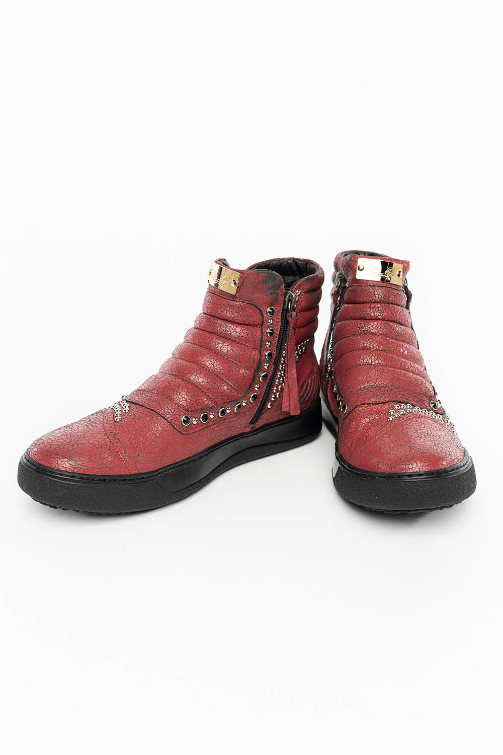 MENS MID TOP BIKER SHOES IN CRACKLED RED LEATHER WITH CRYSTALS AND STUDS EMBELLISHMENT - Image 8