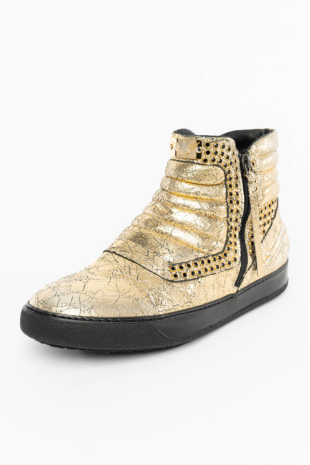 MENS MID TOP BIKER SHOES IN CRACKLED GOLD LEATHER WITH CRYSTAL EMBELLISHMENT - Image 3