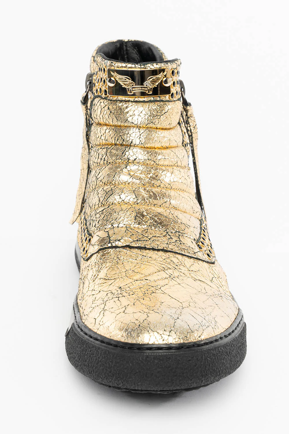 MENS MID TOP BIKER SHOES IN CRACKLED GOLD LEATHER WITH CRYSTAL EMBELLISHMENT - Image 4