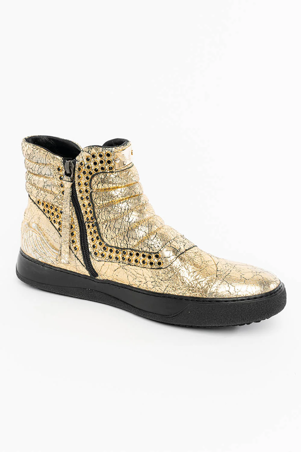 MENS MID TOP BIKER SHOES IN CRACKLED GOLD LEATHER WITH CRYSTAL EMBELLISHMENT - Image 5