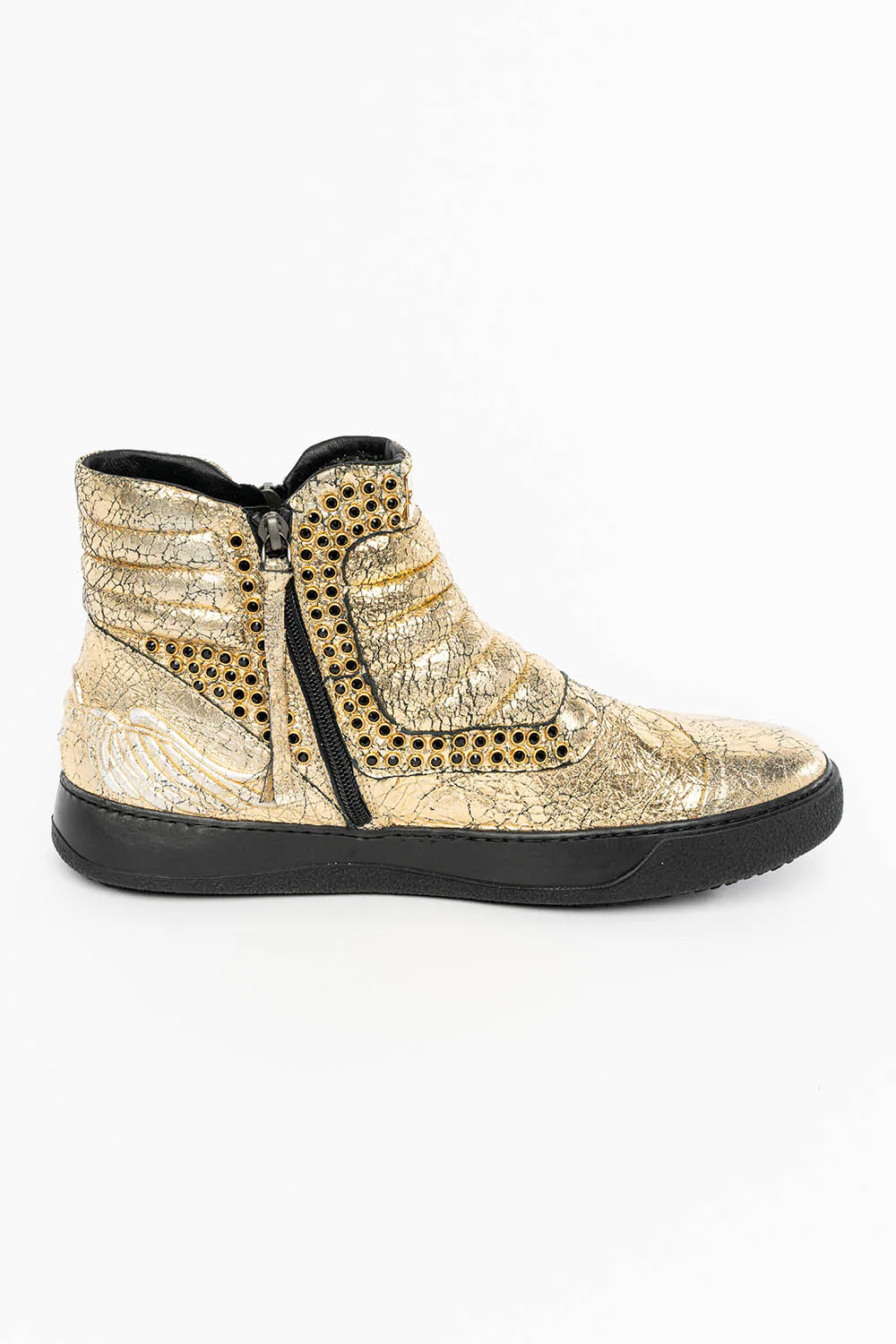 MENS MID TOP BIKER SHOES IN CRACKLED GOLD LEATHER WITH CRYSTAL EMBELLISHMENT - Image 6