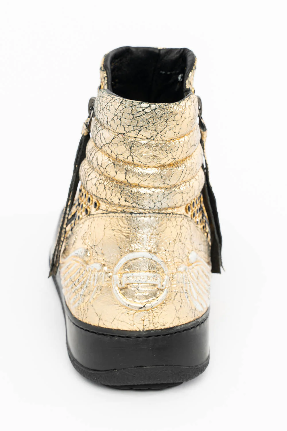 MENS MID TOP BIKER SHOES IN CRACKLED GOLD LEATHER WITH CRYSTAL EMBELLISHMENT - Image 7