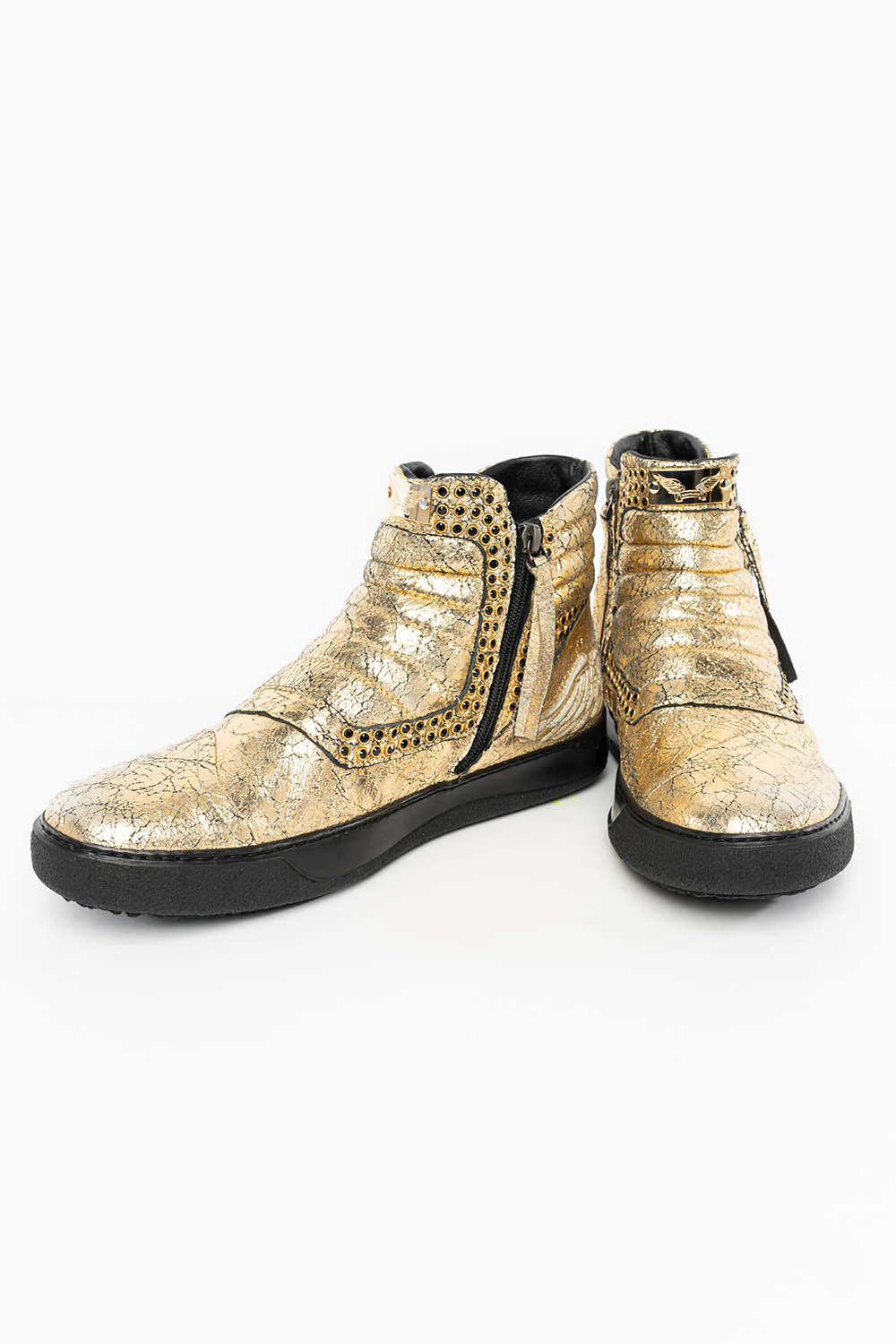 MENS MID TOP BIKER SHOES IN CRACKLED GOLD LEATHER WITH CRYSTAL EMBELLISHMENT - Image 8