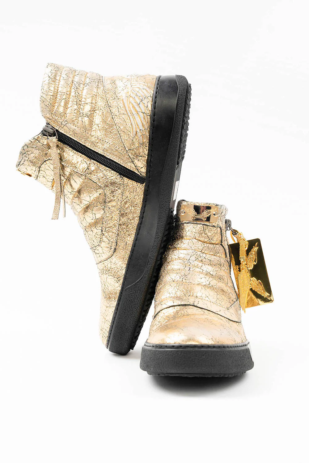 MENS MID TOP BIKER SHOES IN CRACKLED GOLD