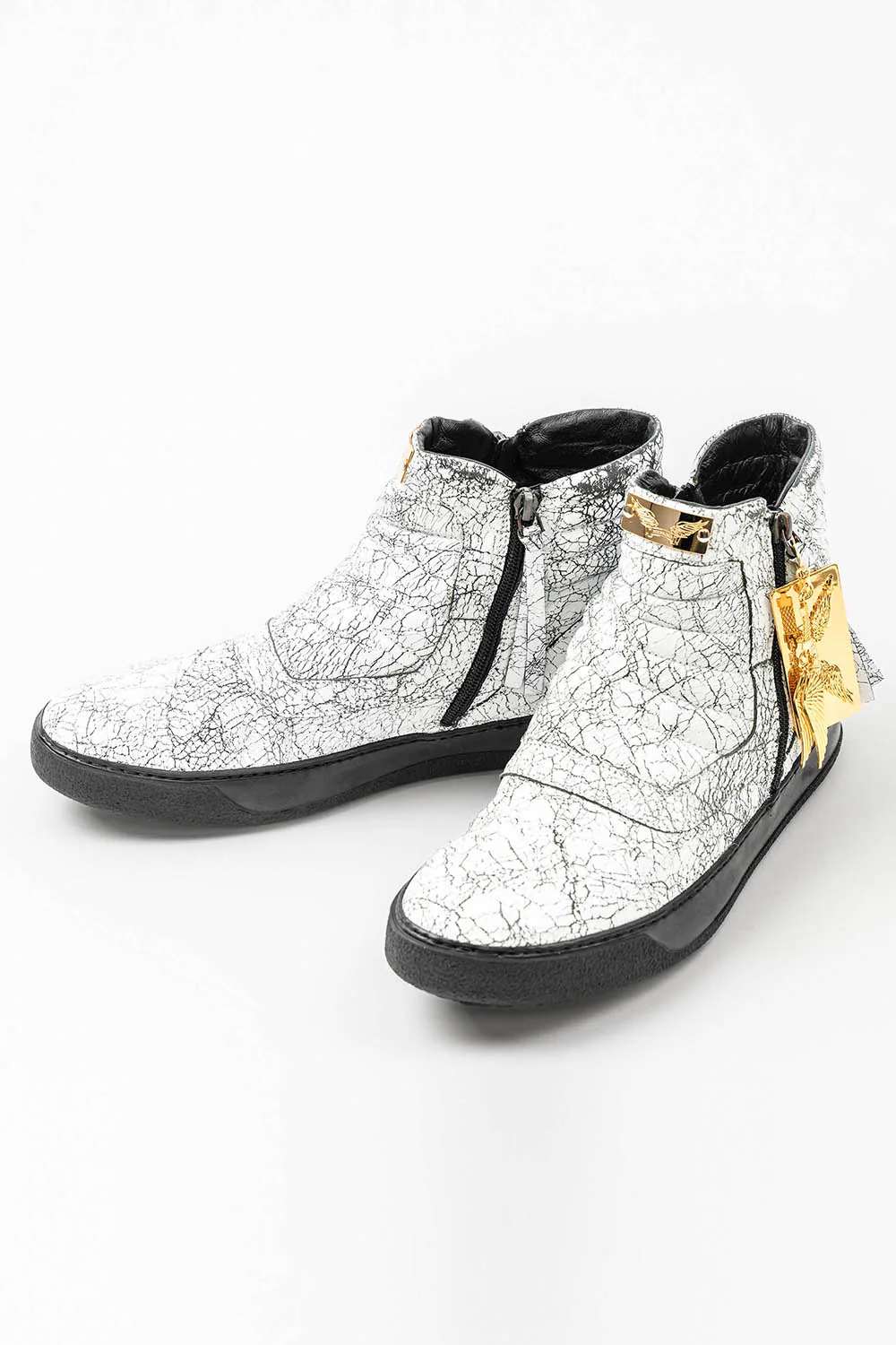 MENS MID TOP BIKER SHOES IN CRACKLED WHITE - Image 2