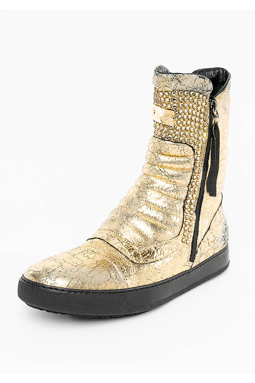 MENS HIGH TOP BIKER SHOES IN CRACKLED GOLD LEATHER WITH CRYSTAL EMBELLISHMENT DEFINITION - Image 3
