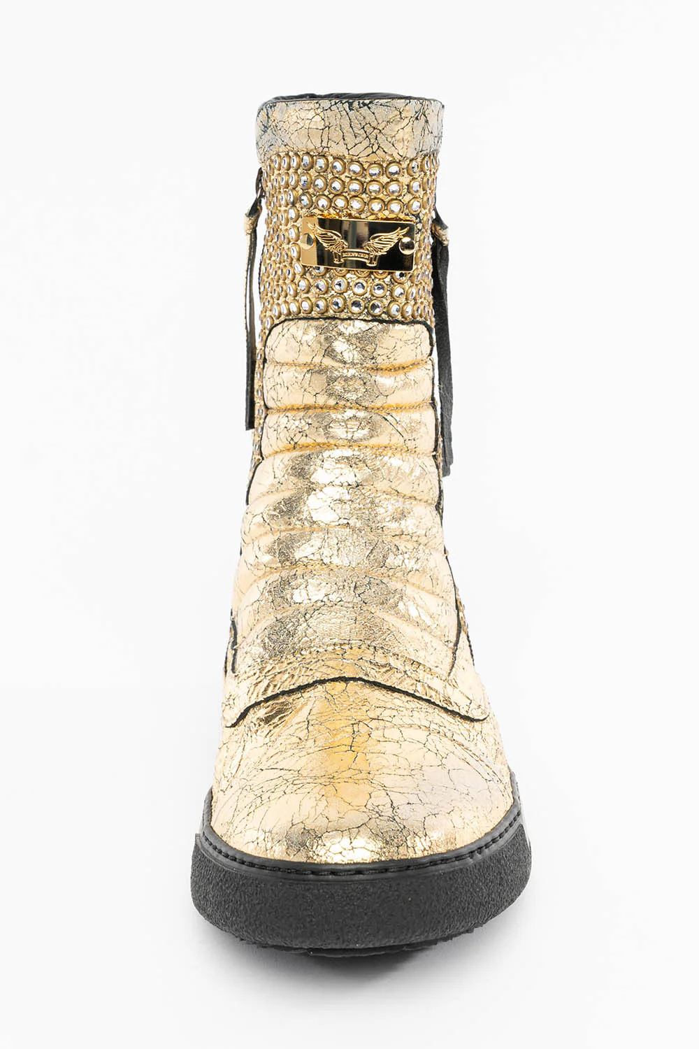 MENS HIGH TOP BIKER SHOES IN CRACKLED GOLD LEATHER WITH CRYSTAL EMBELLISHMENT DEFINITION - Image 4