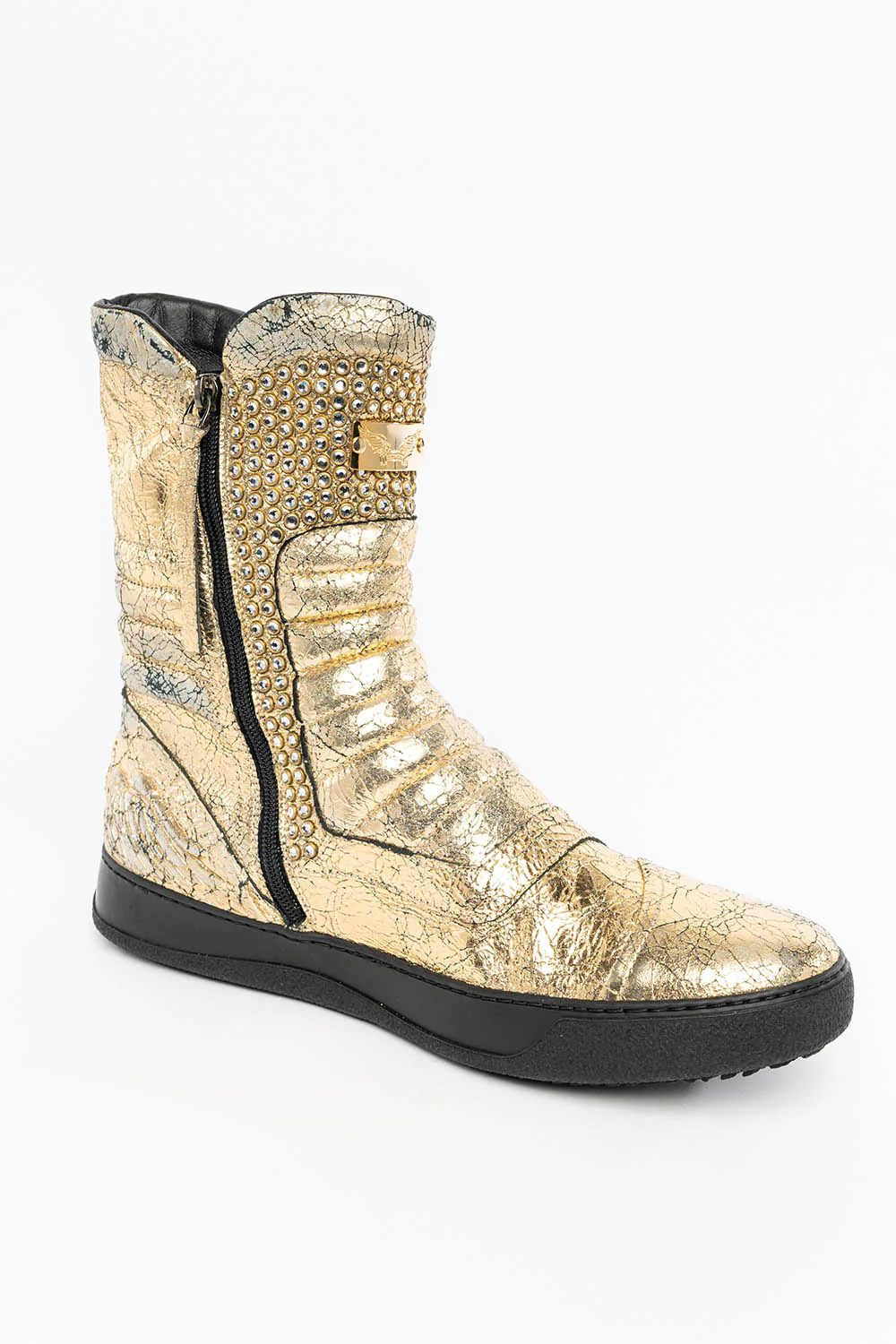 MENS HIGH TOP BIKER SHOES IN CRACKLED GOLD LEATHER WITH CRYSTAL EMBELLISHMENT DEFINITION - Image 5