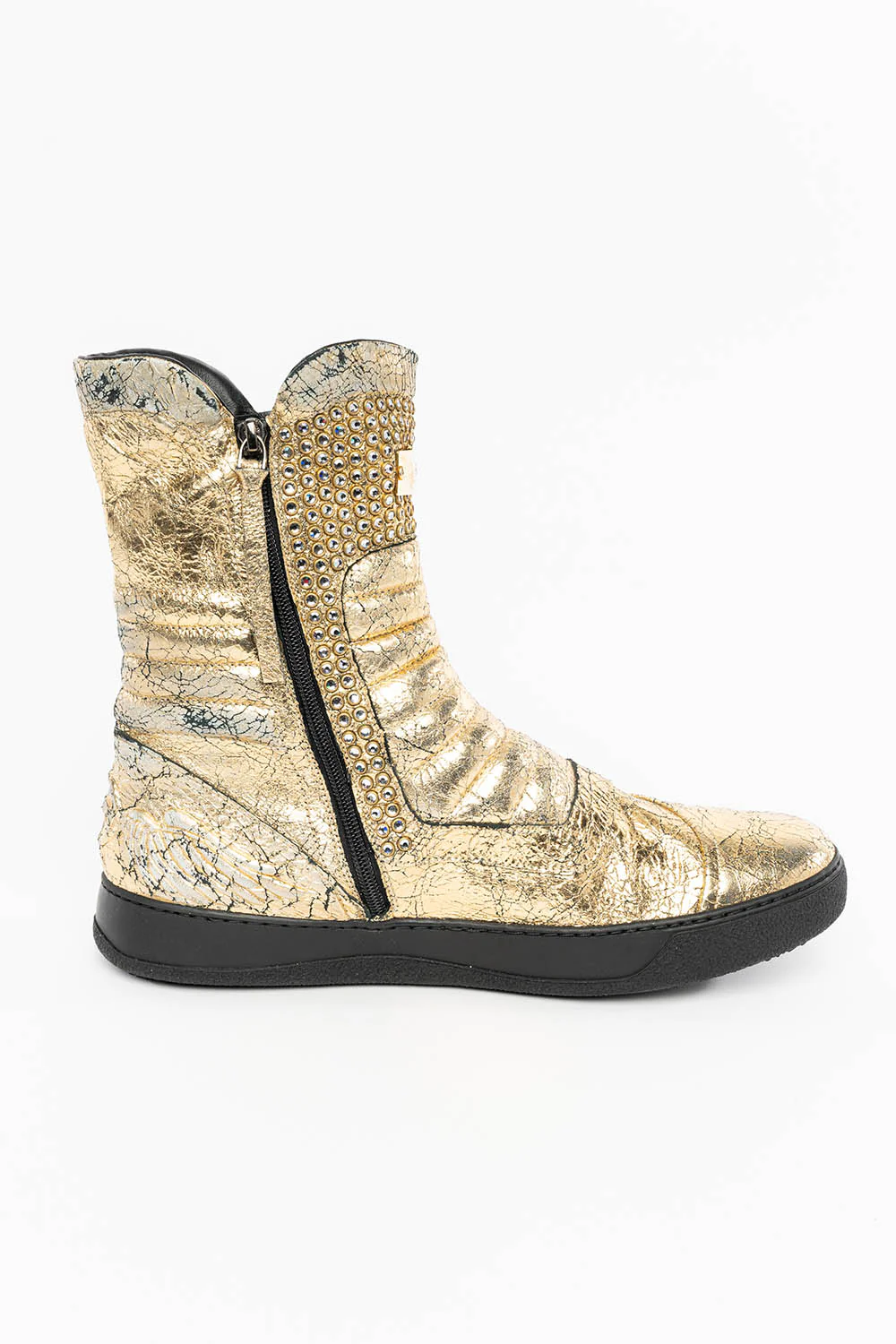 MENS HIGH TOP BIKER SHOES IN CRACKLED GOLD LEATHER WITH CRYSTAL EMBELLISHMENT DEFINITION - Image 6