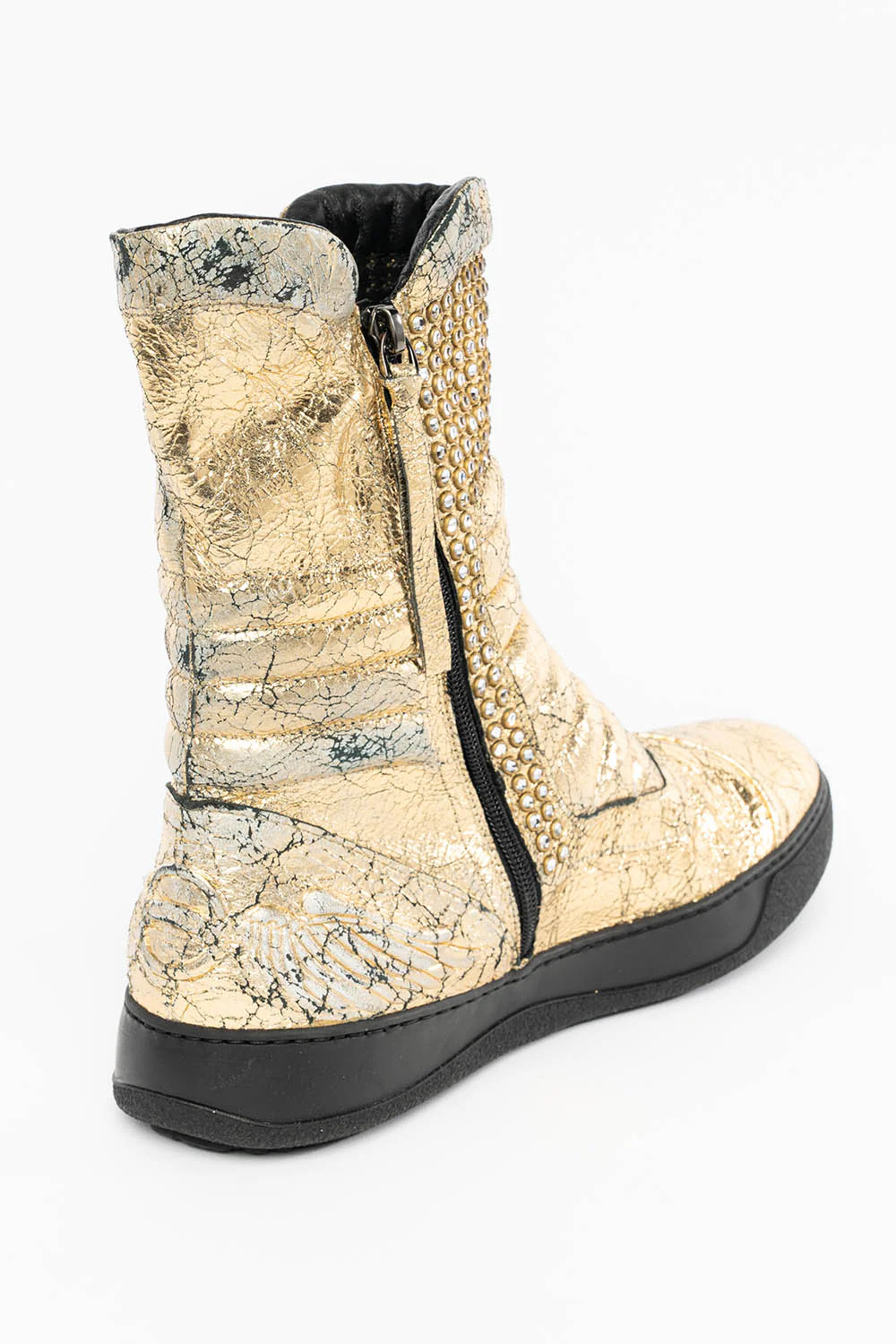 MENS HIGH TOP BIKER SHOES IN CRACKLED GOLD LEATHER WITH CRYSTAL EMBELLISHMENT DEFINITION - Image 7