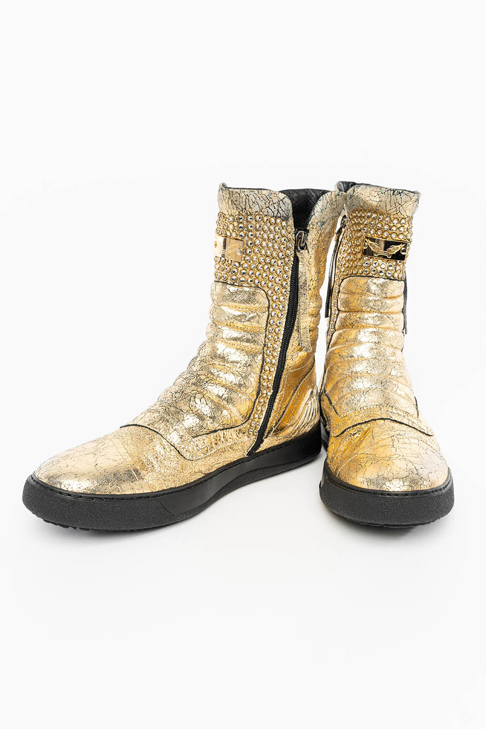MENS HIGH TOP BIKER SHOES IN CRACKLED GOLD LEATHER WITH CRYSTAL EMBELLISHMENT DEFINITION - Image 9