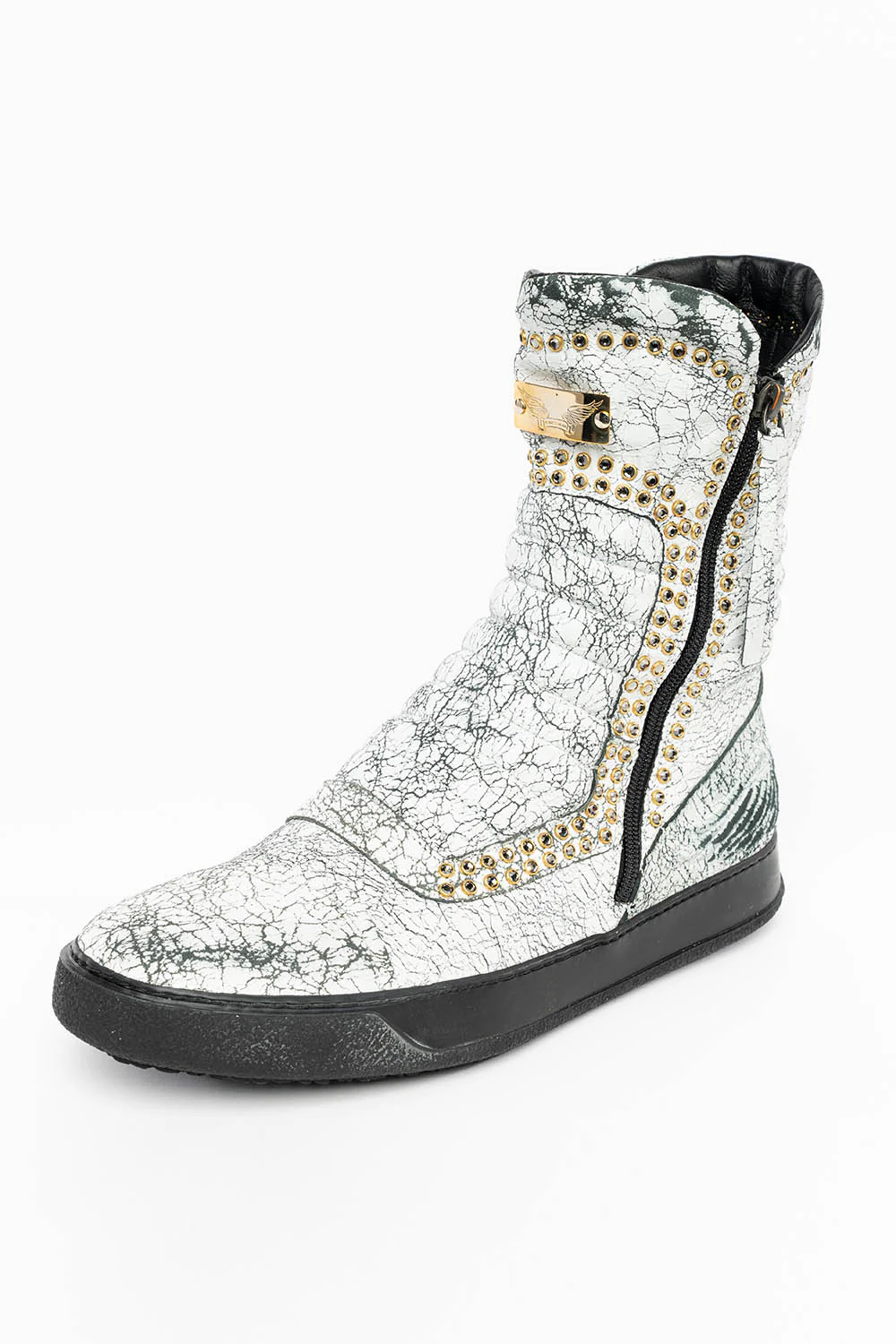 MENS HIGH TOP BIKER SHOES IN CRACKLED WHITE LEATHER WITH CRYSTAL EMBELLISHMENT DEFINITION - Image 3