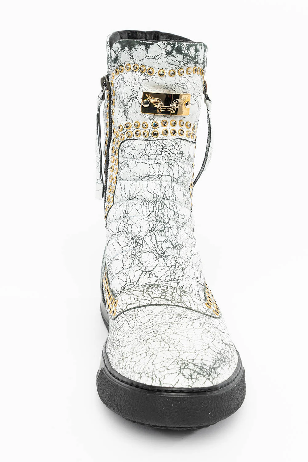 MENS HIGH TOP BIKER SHOES IN CRACKLED WHITE LEATHER WITH CRYSTAL EMBELLISHMENT DEFINITION - Image 4