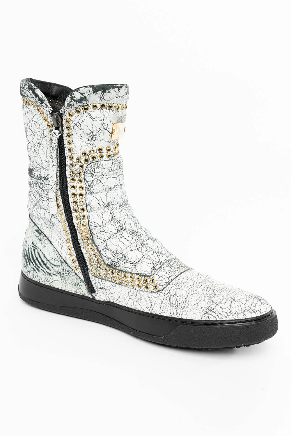 MENS HIGH TOP BIKER SHOES IN CRACKLED WHITE LEATHER WITH CRYSTAL EMBELLISHMENT DEFINITION - Image 5