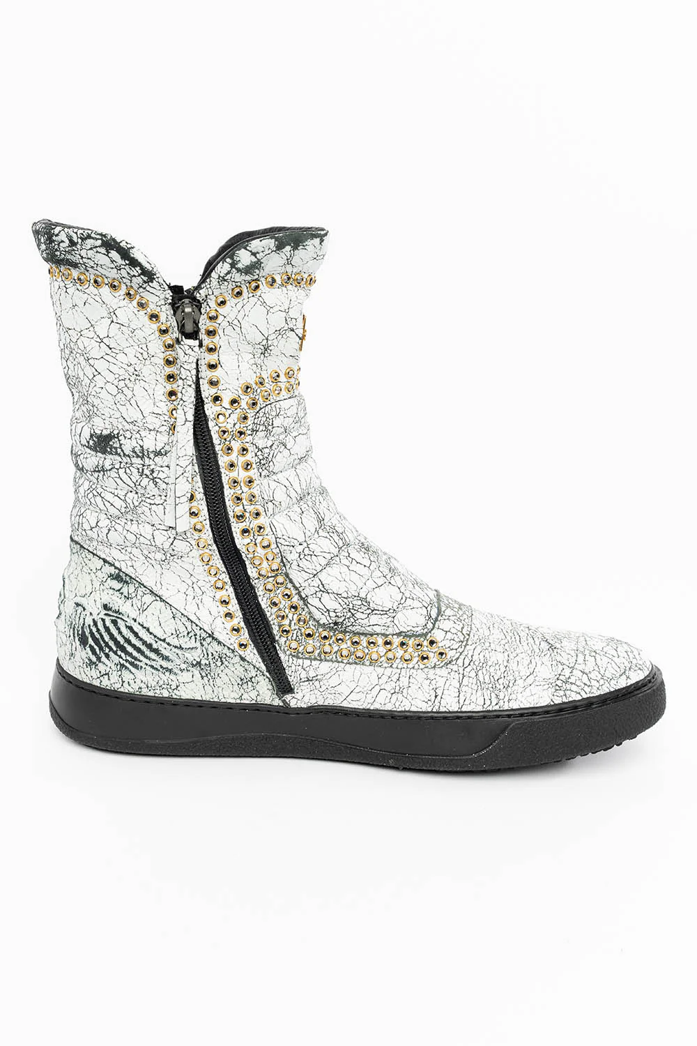 MENS HIGH TOP BIKER SHOES IN CRACKLED WHITE LEATHER WITH CRYSTAL EMBELLISHMENT DEFINITION - Image 6